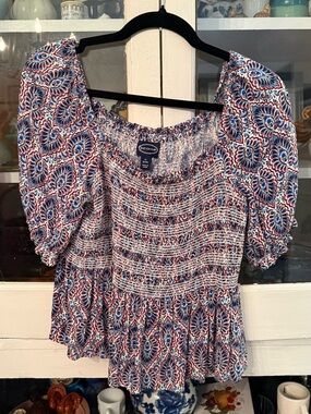Scoop Smocked Peasant Blouse in Navy, White & Red Paisley